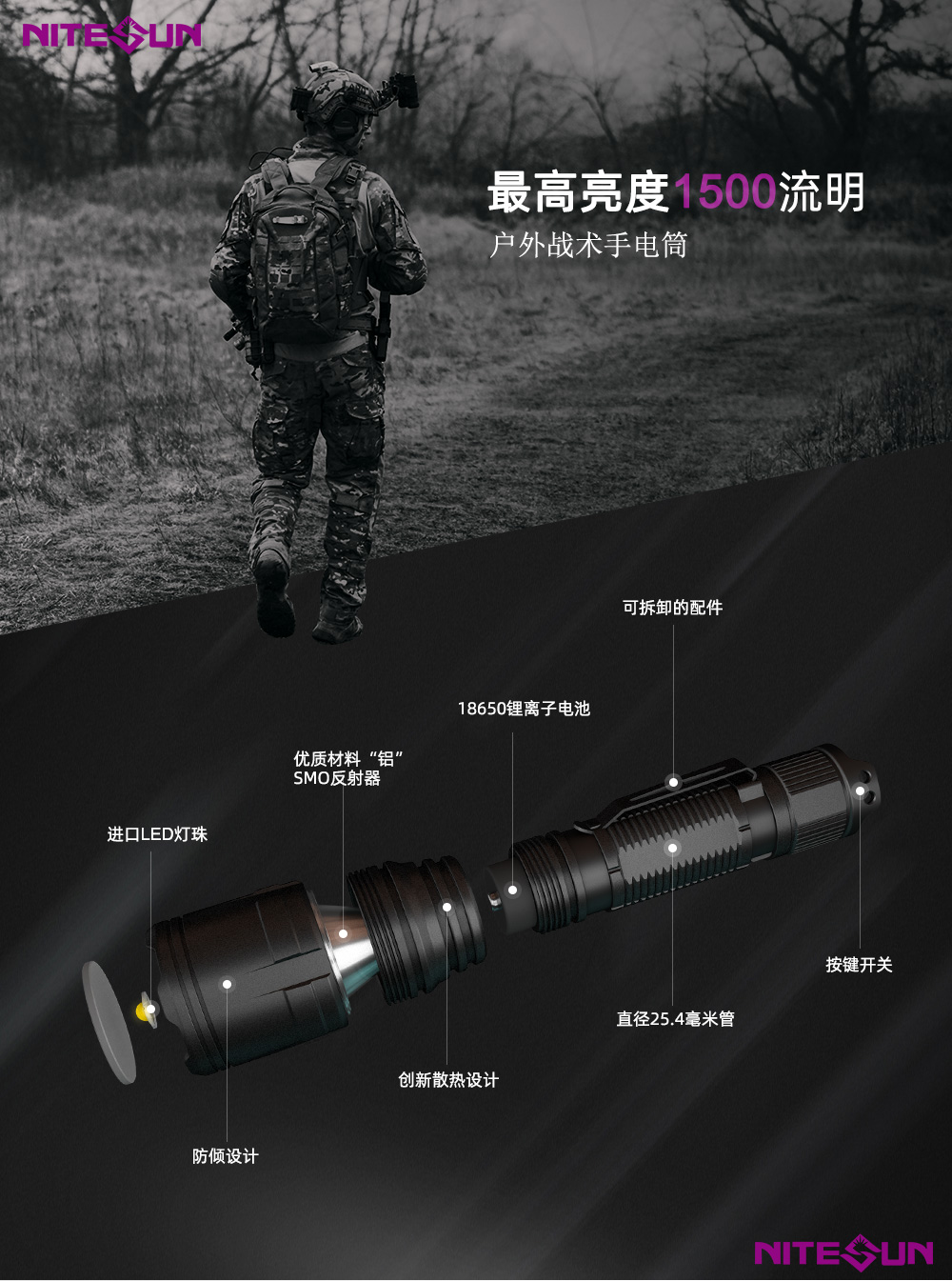 NITESUN NS23战术手电筒，户外手电筒，手持手电筒，强光手电筒